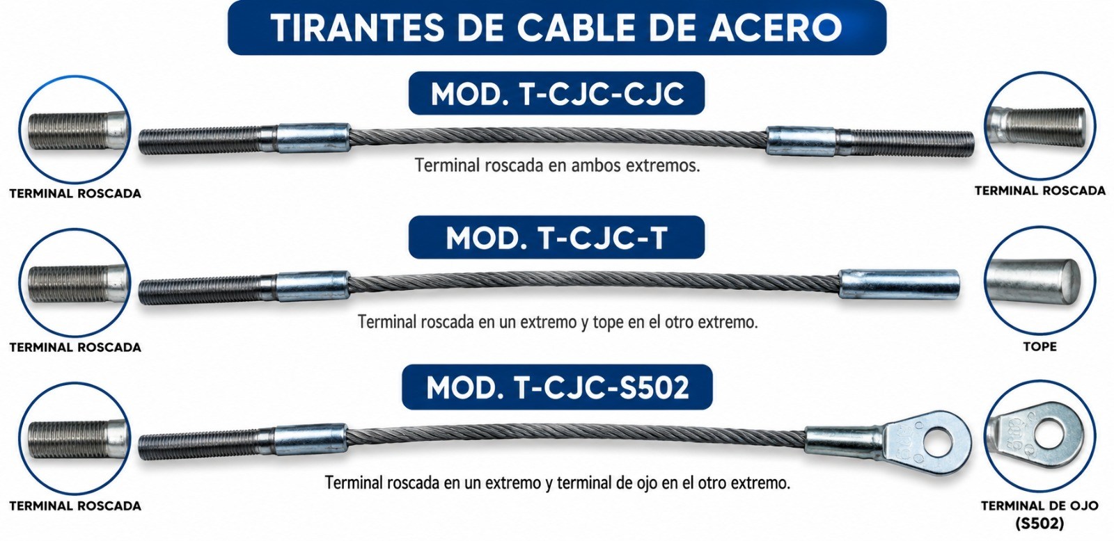 Tirantes de cable con terminal roscada, modelos T-CJC